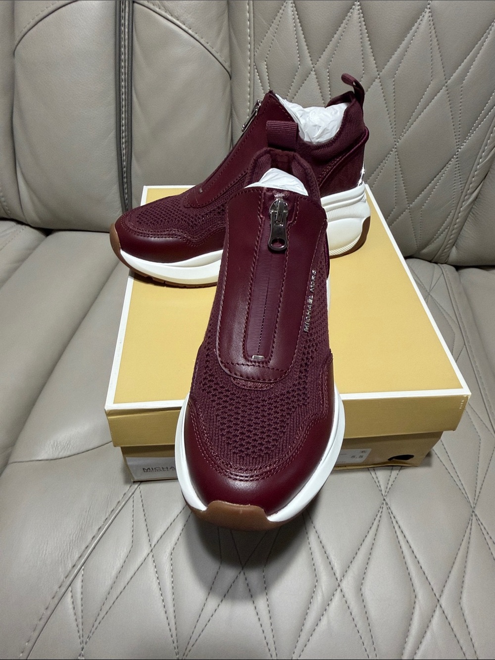 MICHAEL Michael Zuma Kors Burgundy Knit & Leather Zip Slip-On Sneakers - Picture 5 of 11